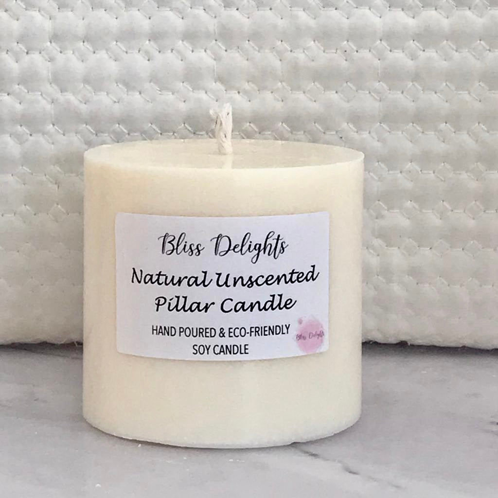 Bliss Delights Small Natural Unscented Soy Pillar Candles