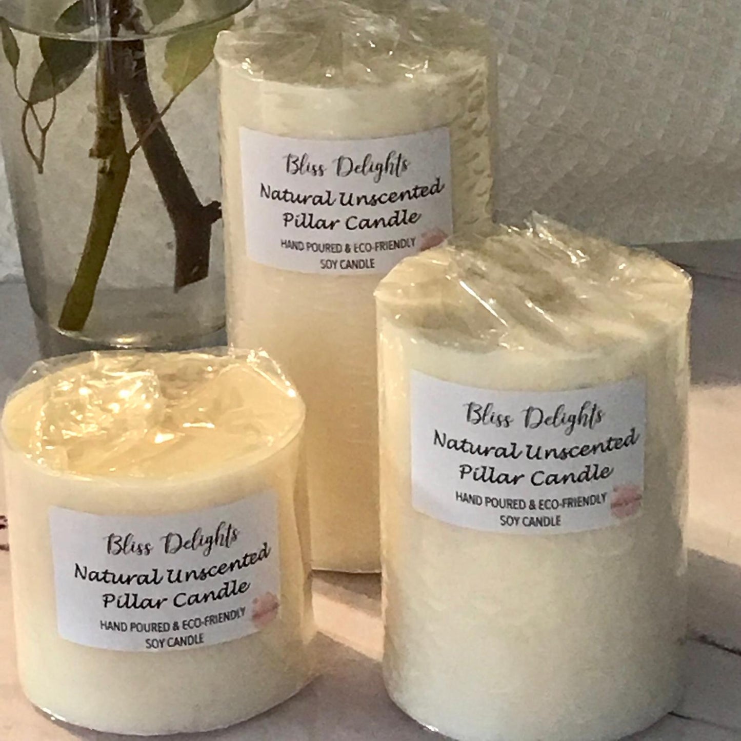 Bliss Delights Natural Unscented Soy Pillar Candles | Eco Vegan Candle
