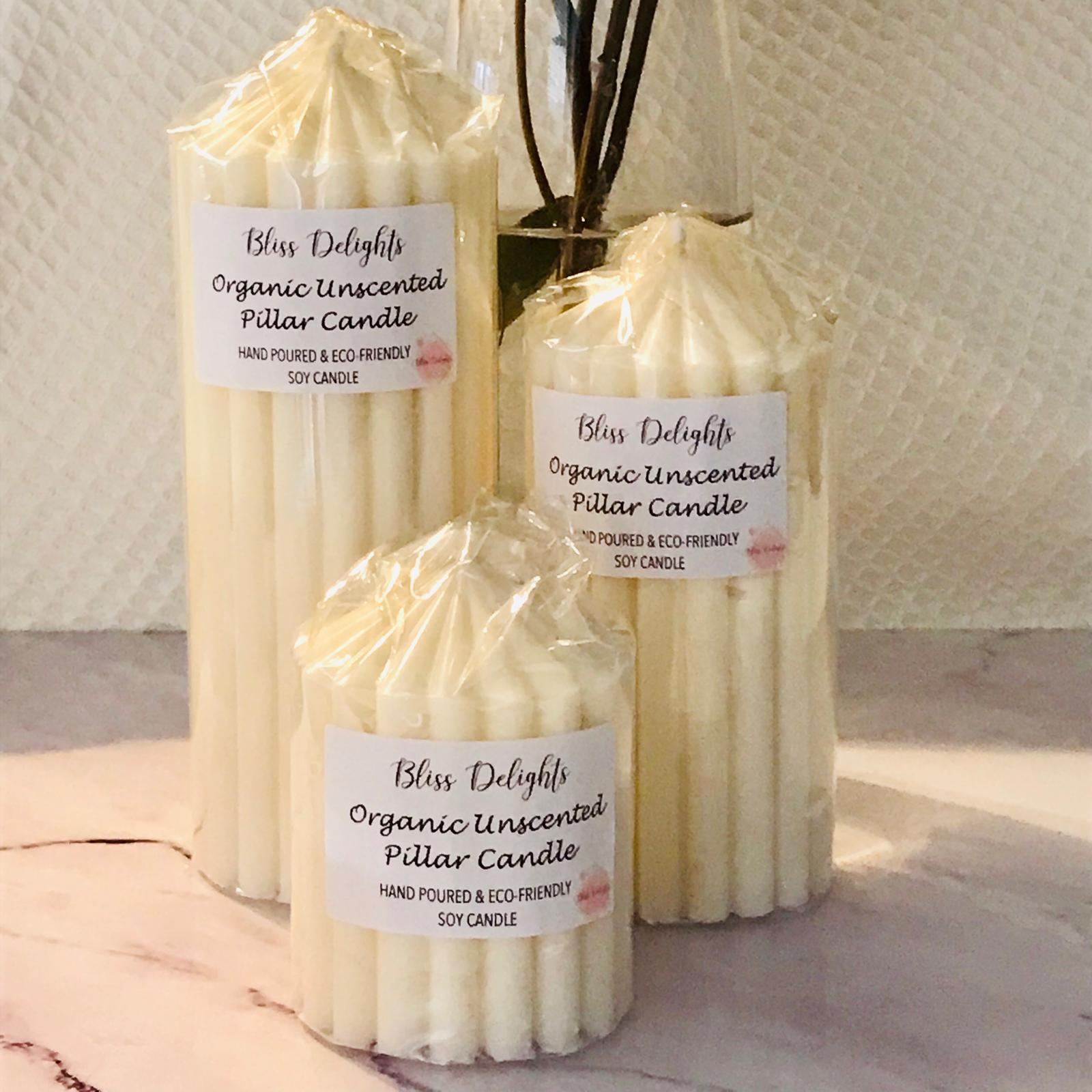 Bliss Delights Organic Unscented Soy Pillar Candles | Eco Vegan Candle