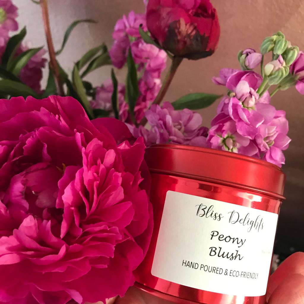 Bliss Delights Peony Blush Candle Tin | Eco Soy Vegan Candle