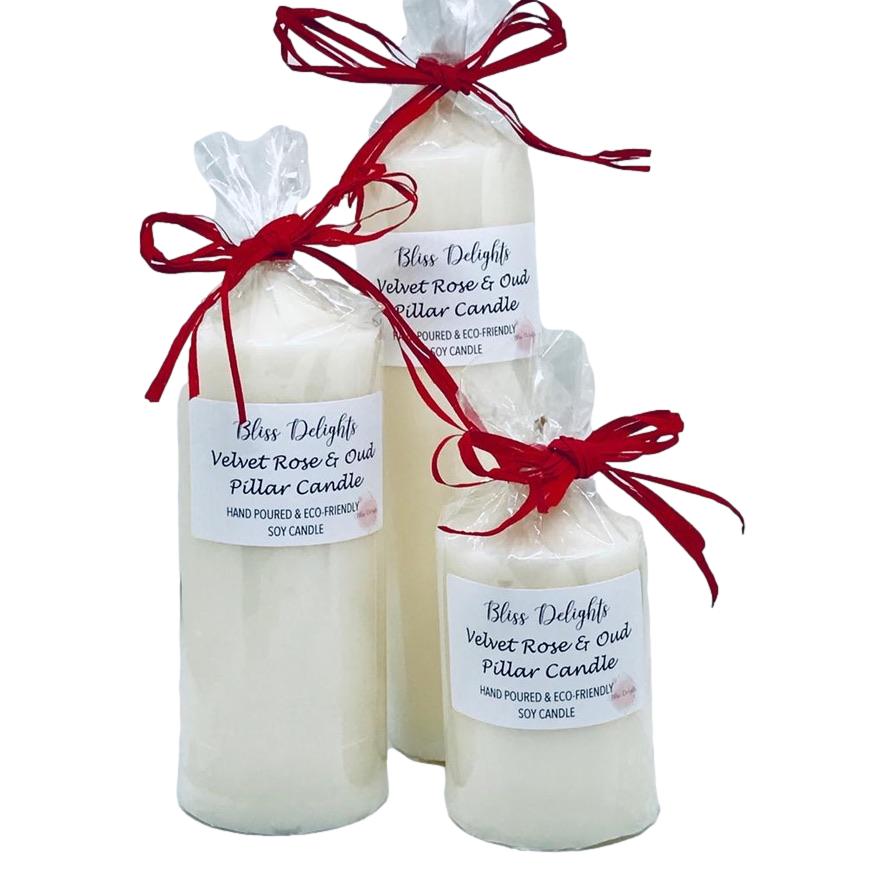 Bliss Delights Velvet Rose & Oud Soy Pillar Candles | Plastic Free