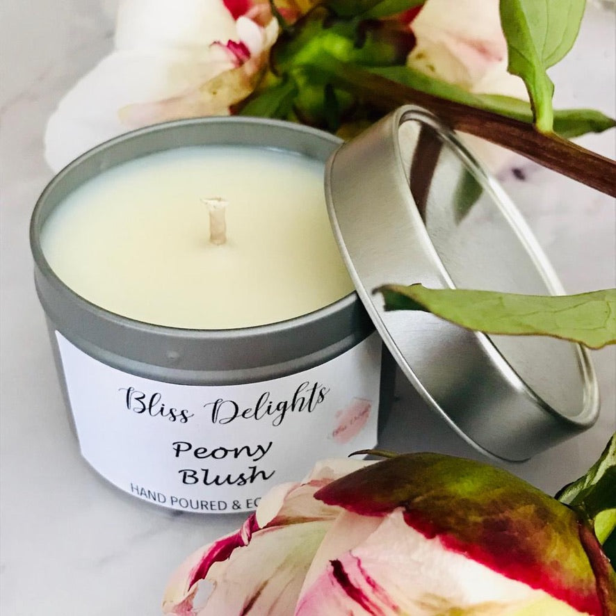 Bliss Delights Peony Blush Candle Tin | Eco Soy Vegan Candle