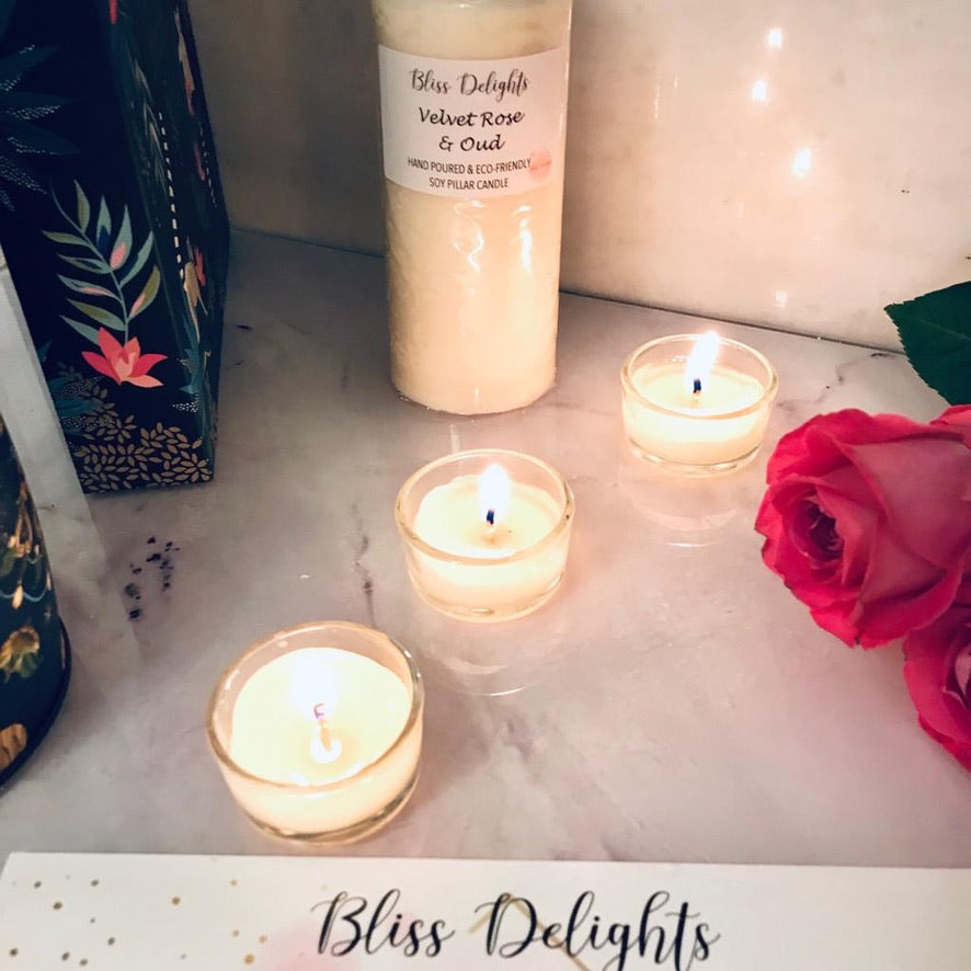 Bliss Delights Velvet Rose & Oud Soy Pillar Candles | Plastic Free