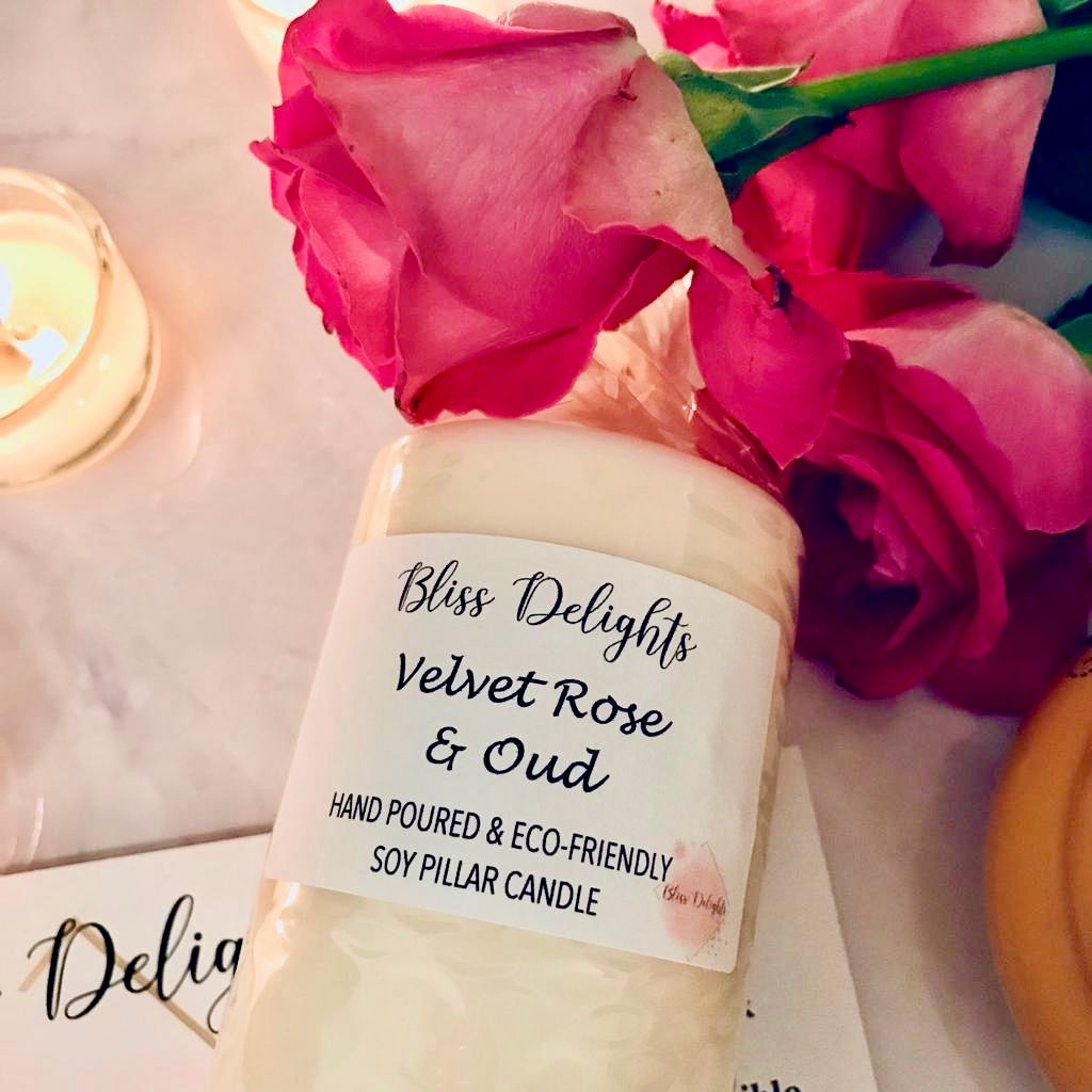 Bliss Delights Velvet Rose & Oud Soy Pillar Candles | Plastic Free
