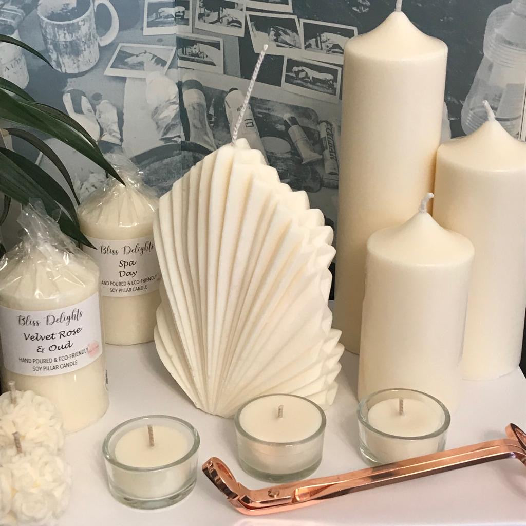 Bliss Delights Shell Soy Pillar Candle Unscented | Vegan