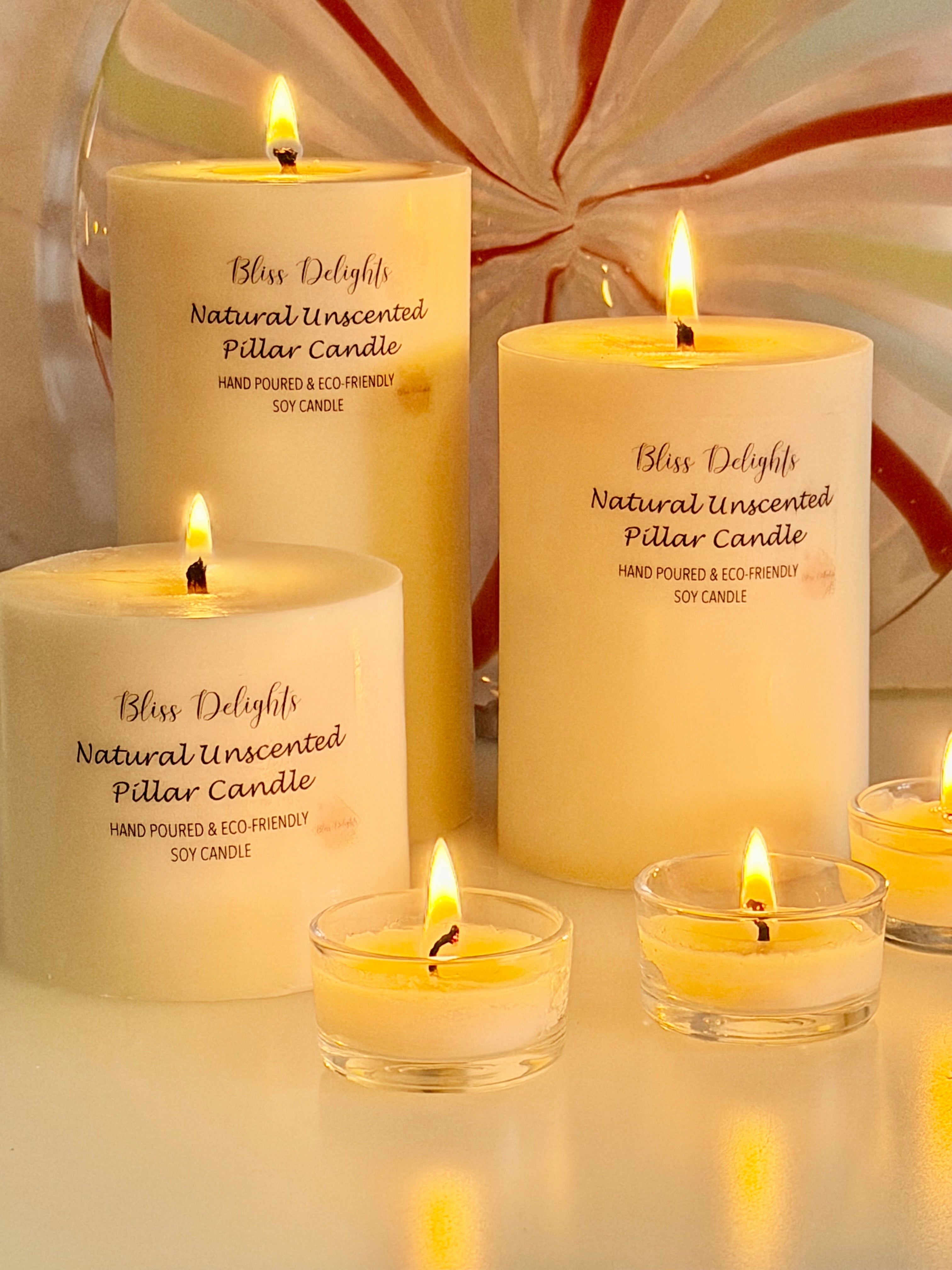 Bliss Delights Natural Pillar Candles - Unscented Soy Pillar Candles