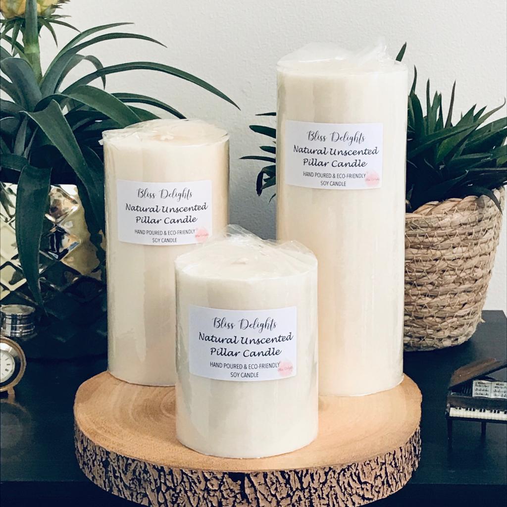 Bliss Delights Natural Pillar Candles - Unscented Soy Pillar Candles