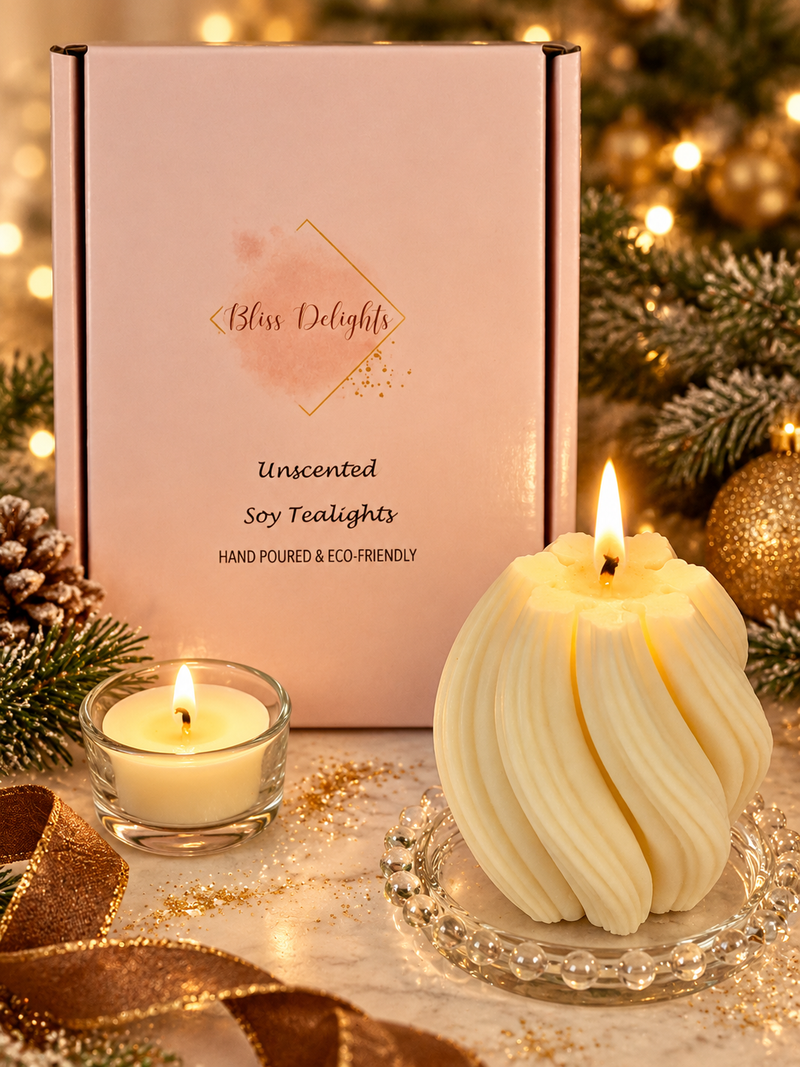 Bliss Delights pink box of unscented soy tealights displayed with a lit ivory Twirl soy pillar candle and glass tealight holder, styled with festive greenery, gold ribbon and warm Christmas lights.