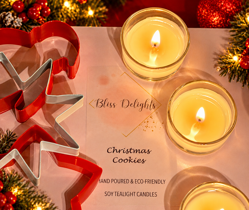 Bliss Delights Christmas Cookies Soy Tealights with three Glass Holders