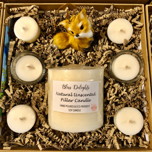 Bliss Delights Soy Candle Gift Set with 3 Unscented Tealights, 3 Scented Tealights, 2 Tealight Holders, Cress Seeds and Fox Tree Decoration