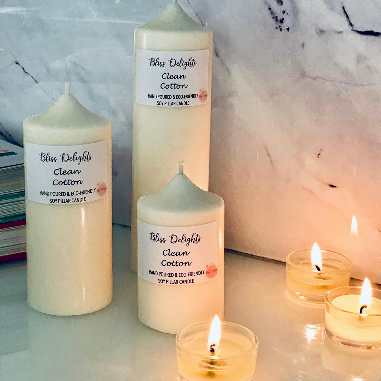 Bliss Delights Clean Cotton Soy Pillar Candles | Plastic Free