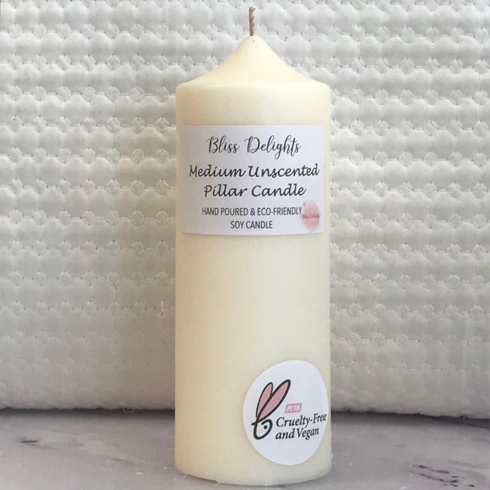 Bliss Delights Medium Soy Pillar Candle | Vegan Unscented Pillar Candle