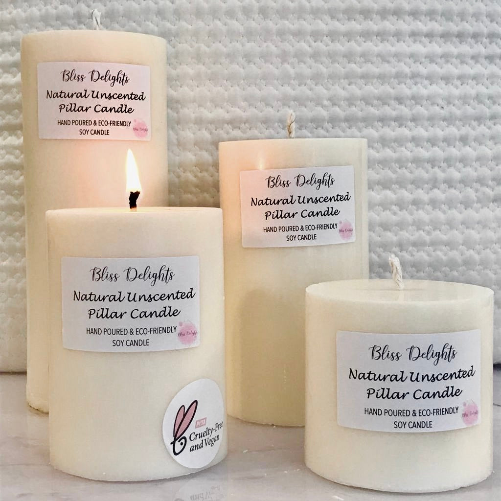 Bliss Delights Set of 4 Natural Unscented Soy Pillar Candles 