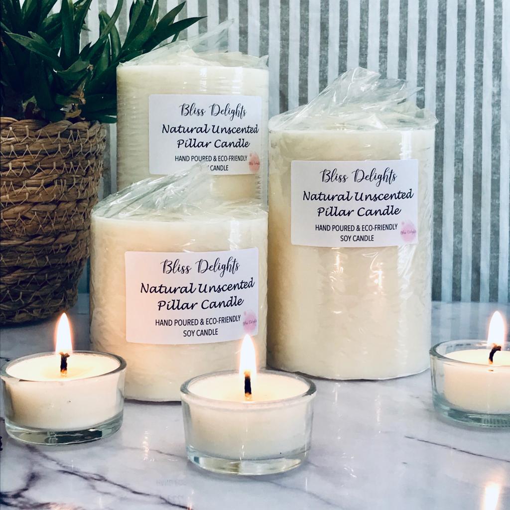 Bliss Delights Natural Unscented Soy Pillar Candles | Eco Vegan Candle

