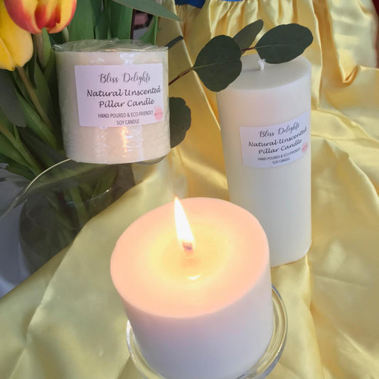 Bliss Delights Natural Unscented Soy Pillar Candles | Eco Vegan Candle