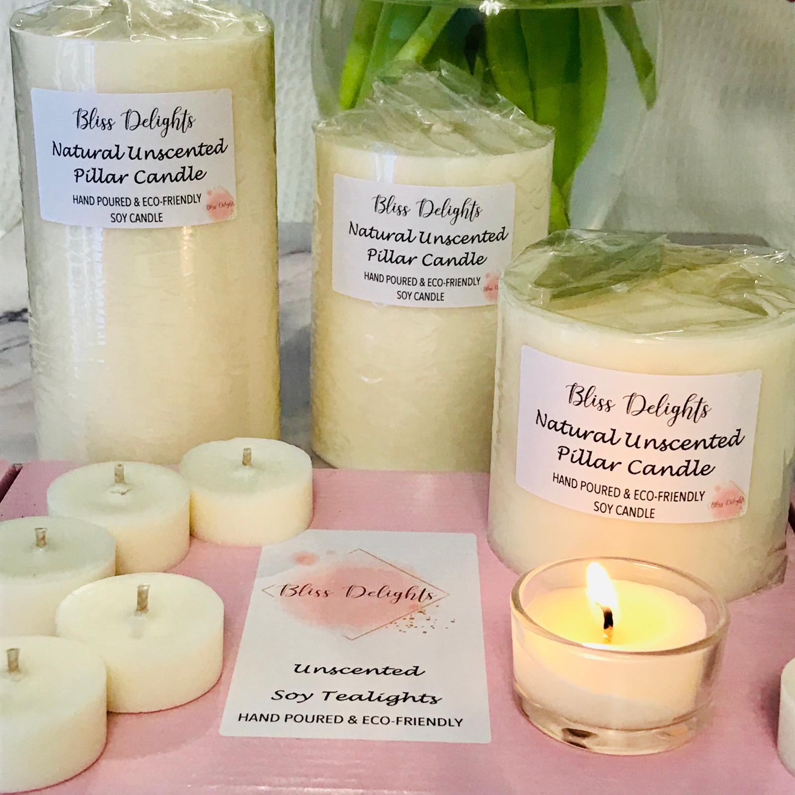 Bliss Delights Natural Unscented Soy Pillar Candle Bundle