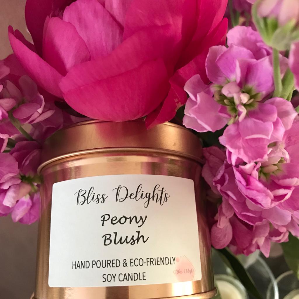 Bliss Delights Peony Blush Candle Tin | Eco Soy Vegan Candle