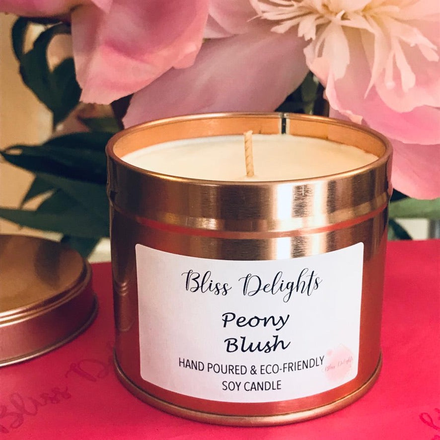 Bliss Delights Peony Blush Candle Tin | Eco Soy Vegan Candle