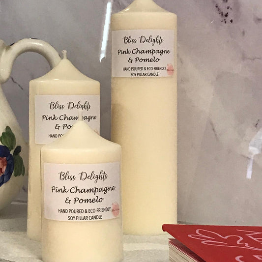 Bliss Delights Pink Champagne Soy Pillar Candles | Plastic Free