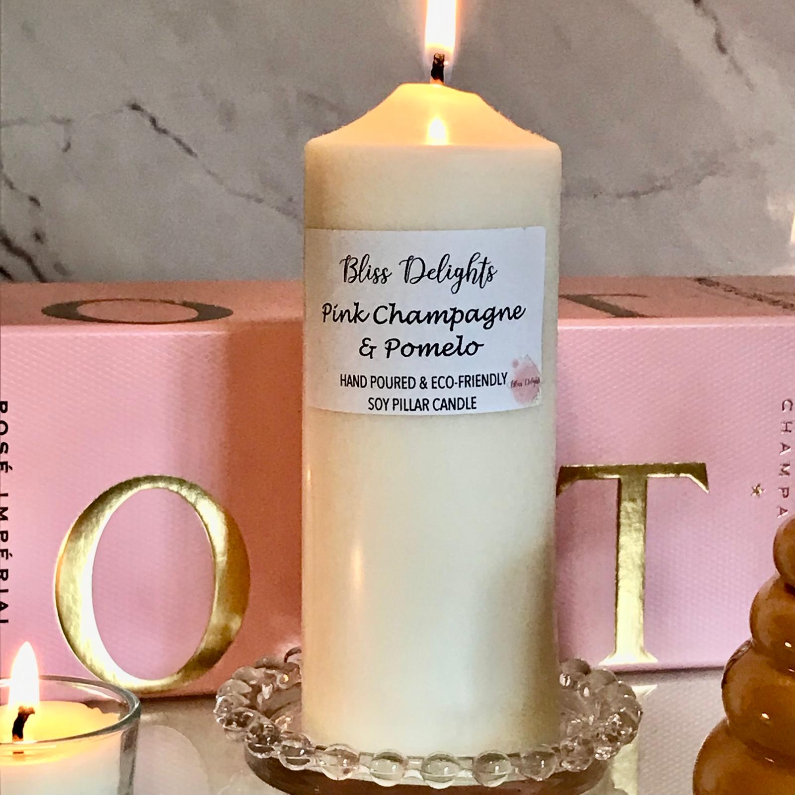 Bliss Delights Pink Champagne Soy Pillar Candles | Plastic Free