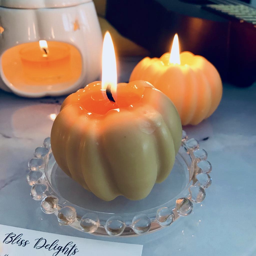 Bliss Delights Pumpkin Candles with Beaded Candle Plate | Halloween Pumpkin Spice Candles