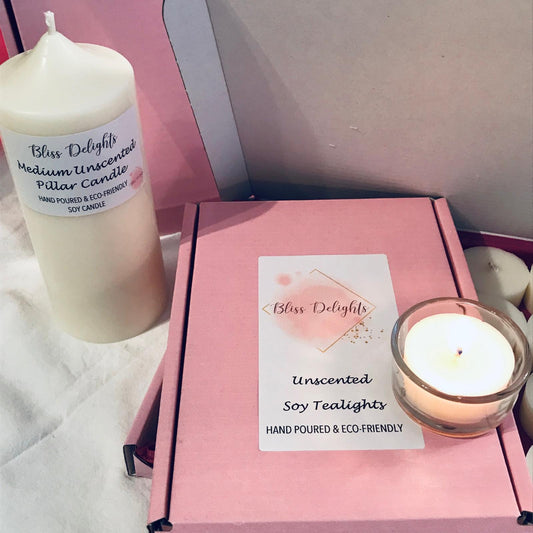 Bliss Delights Unscented Soy Pillar Candle Bundle | Plastic Free