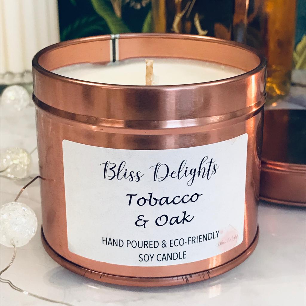 Bliss Delights Tobacco & Oak Scented Candle | Eco-Friendly Soy Candle