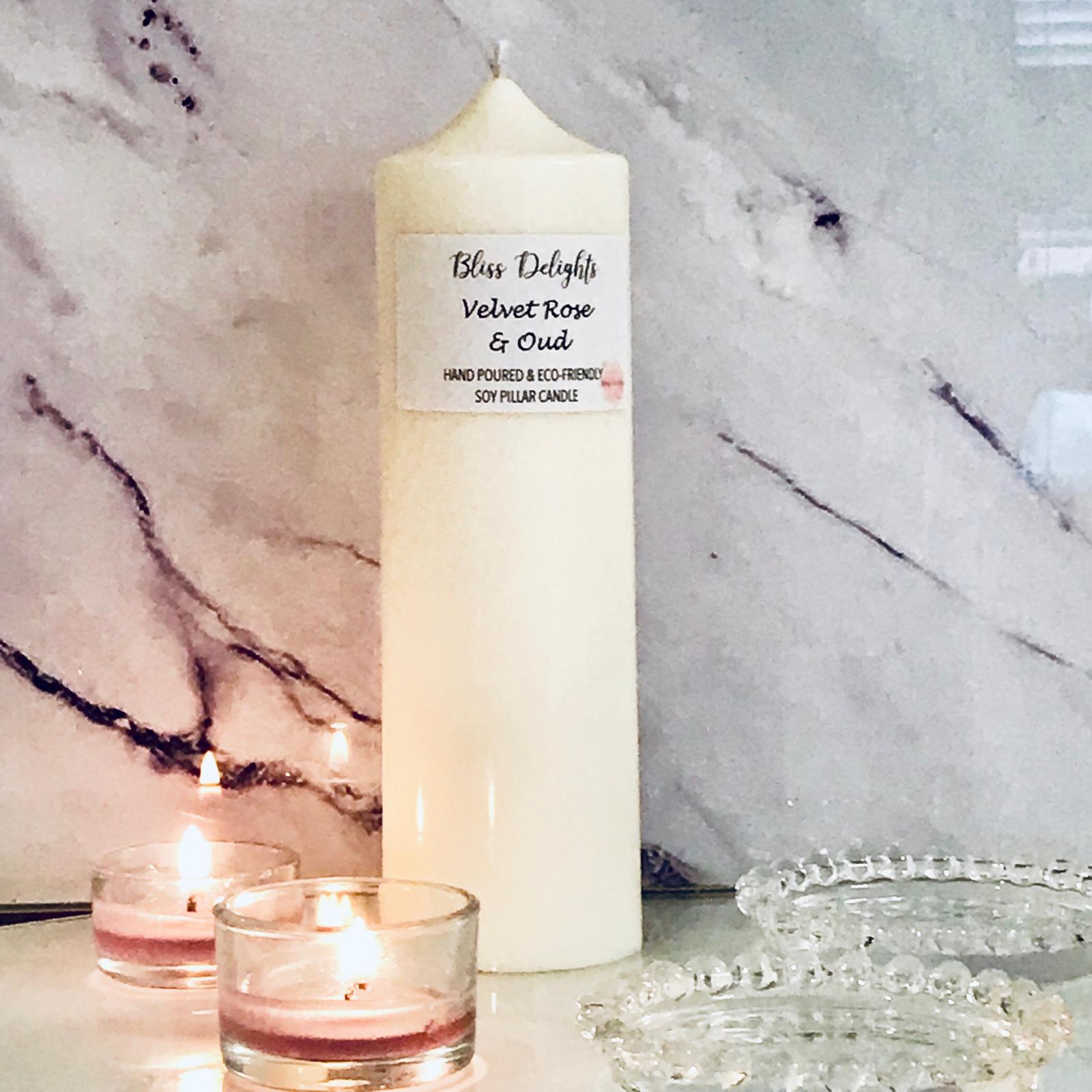 Bliss Delights Velvet Rose & Oud Soy Pillar Candles | Plastic Free