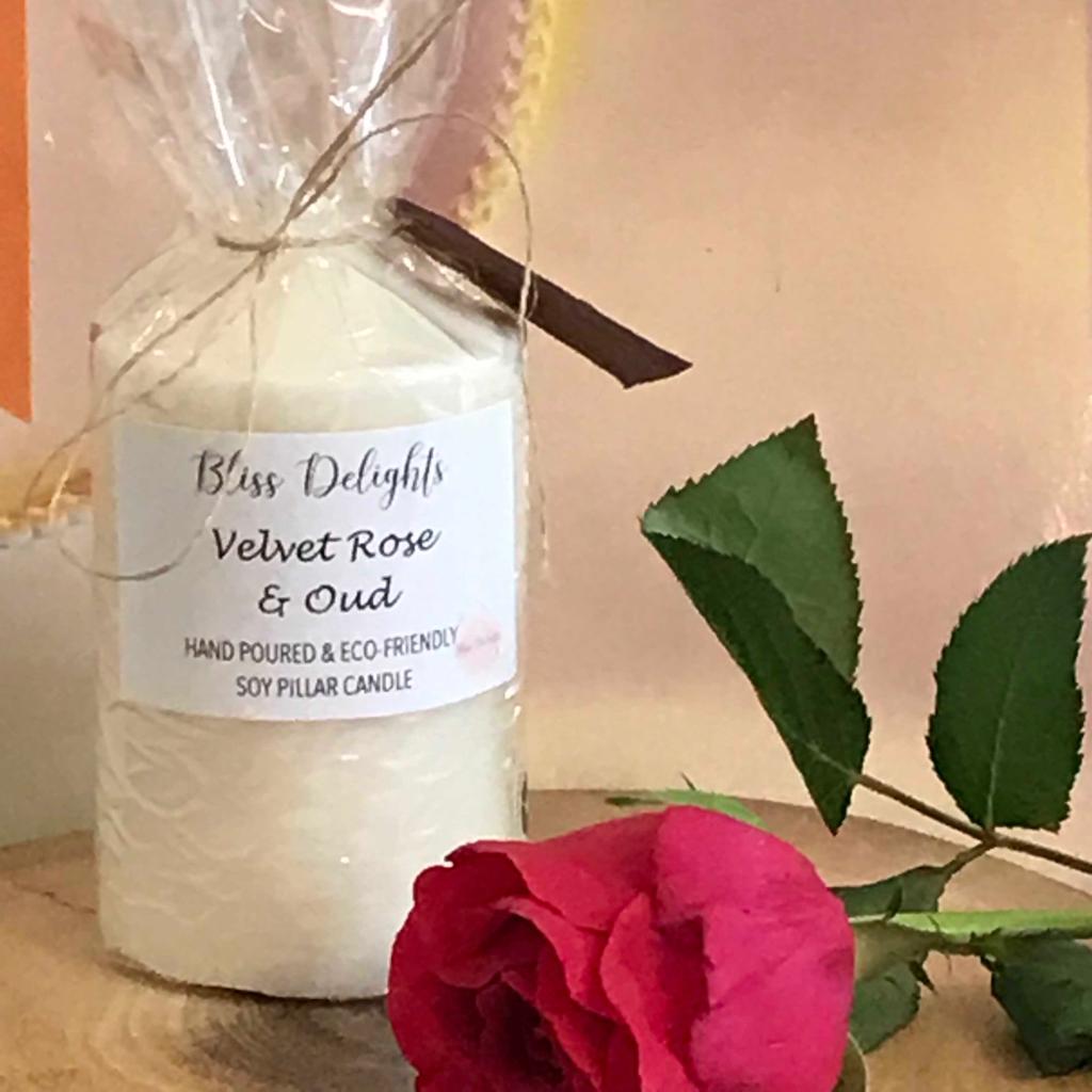 Bliss Delights Velvet Rose & Oud Soy Pillar Candles | Plastic Free