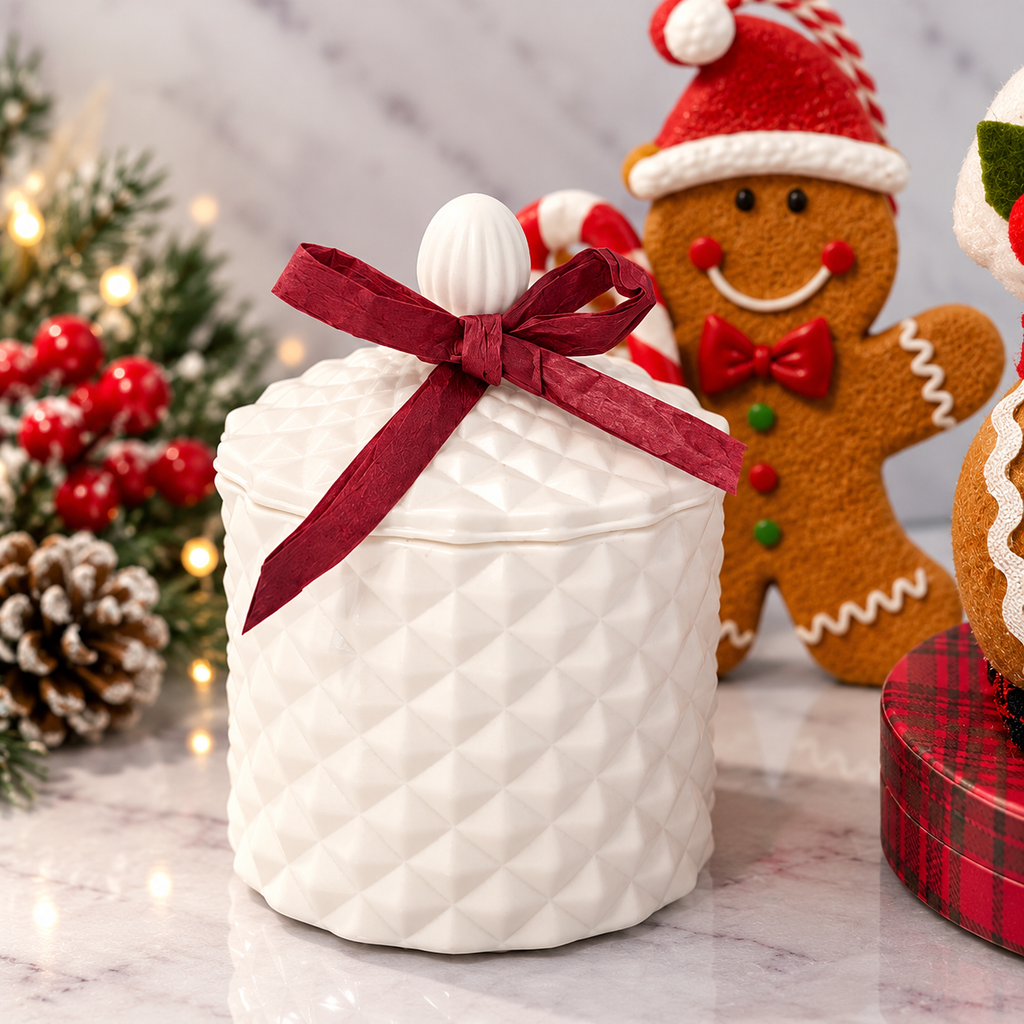 Bliss Delights white diamond-textured soy candle jar with a decorative lid and burgundy ribbon, styled with a gingerbread figure, frosted pinecones and festive Christmas decorations.