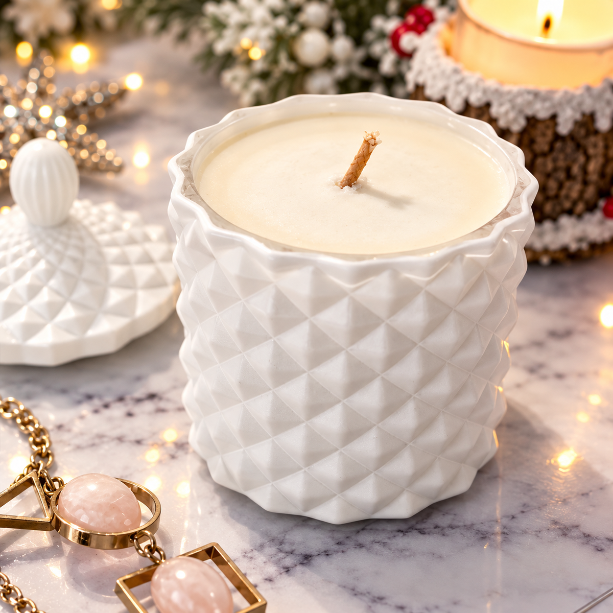 Bliss Delights white diamond-textured soy candle in a decorative ceramic jar with matching lid, styled with warm Christmas lights, festive greenery and gold accents.