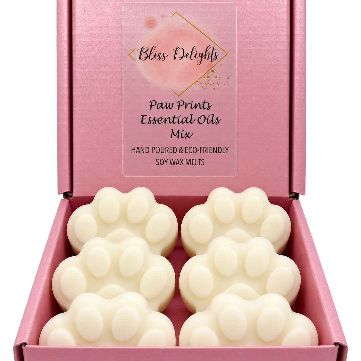 Bliss Delights 6 Animal Friendly Paw Print Wax Melts in a blush pink gift box.