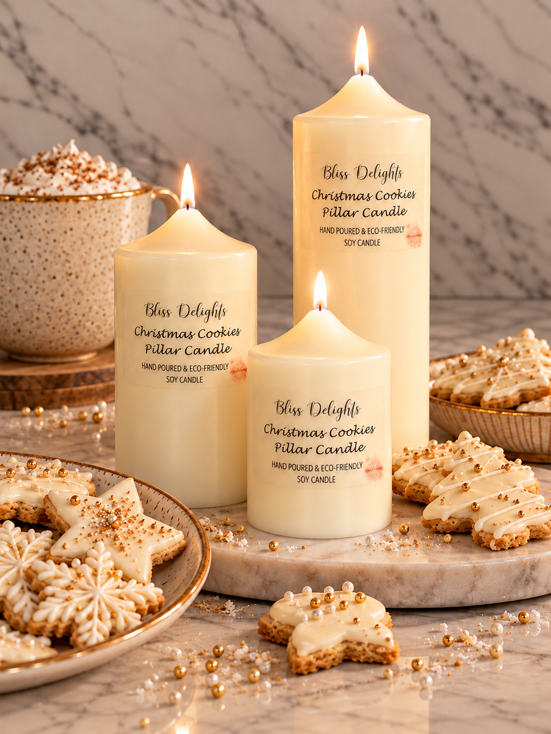 Bliss Delights Christmas Cookies Soy Pillar Candles - Set of 3