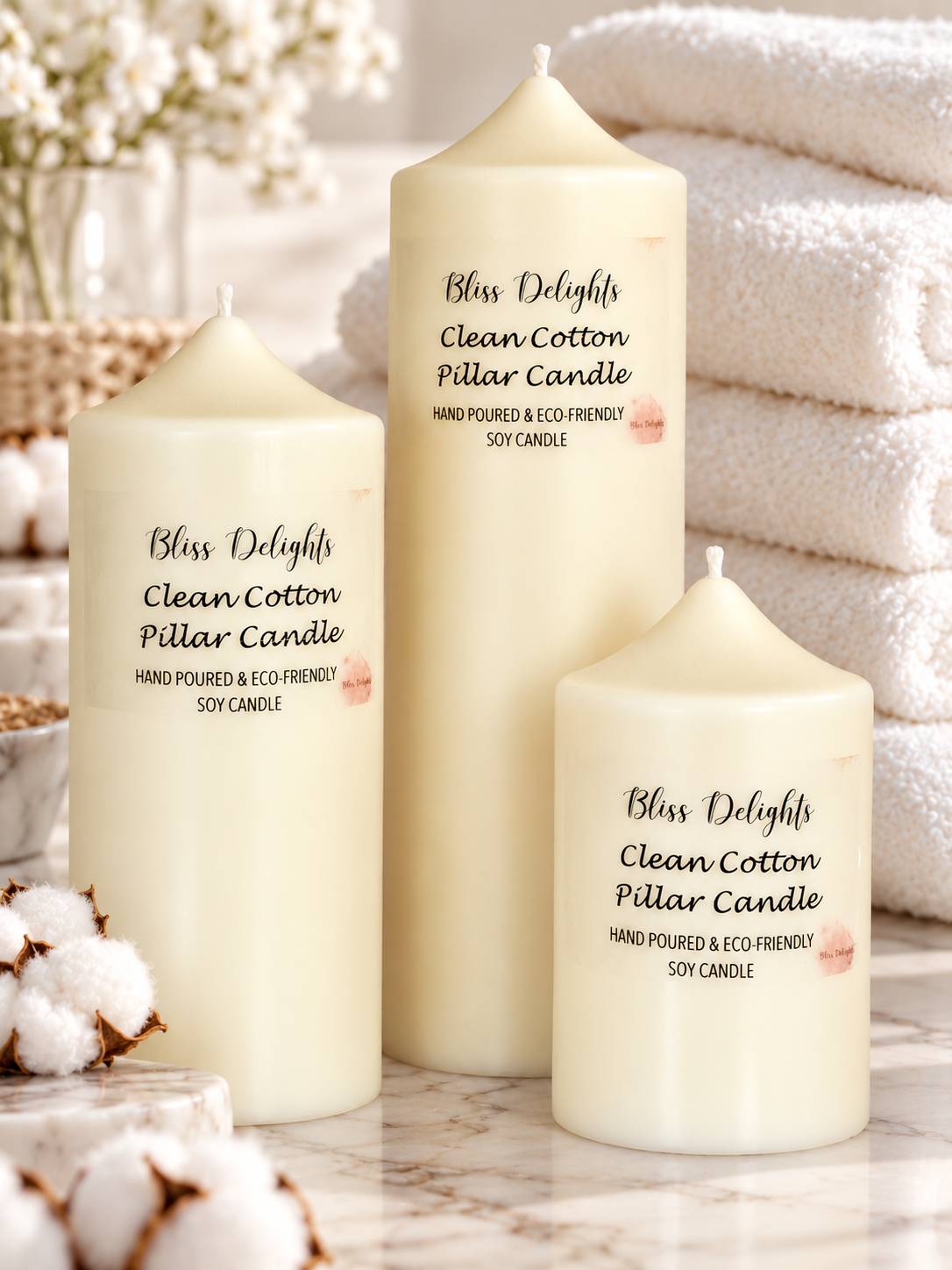 Bliss Delights Set of 3 Clean Cotton Soy Pillar Candles displayed on a marble surface with a stack of fluffy white towels and cotton bolls in the background.