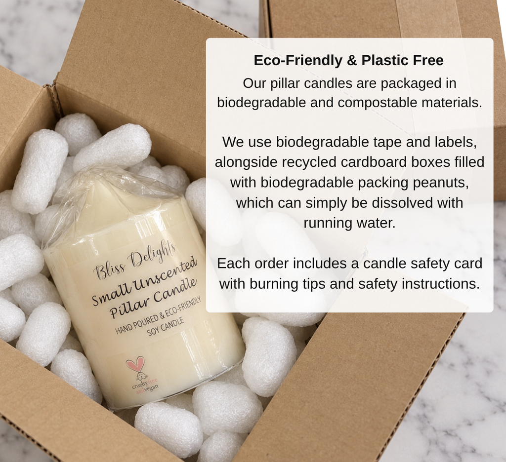 Bliss Delights unscented soy pillar candle in clear biodegradable packaging, nestled in white compostable protective packing peanuts inside a cardboard box.