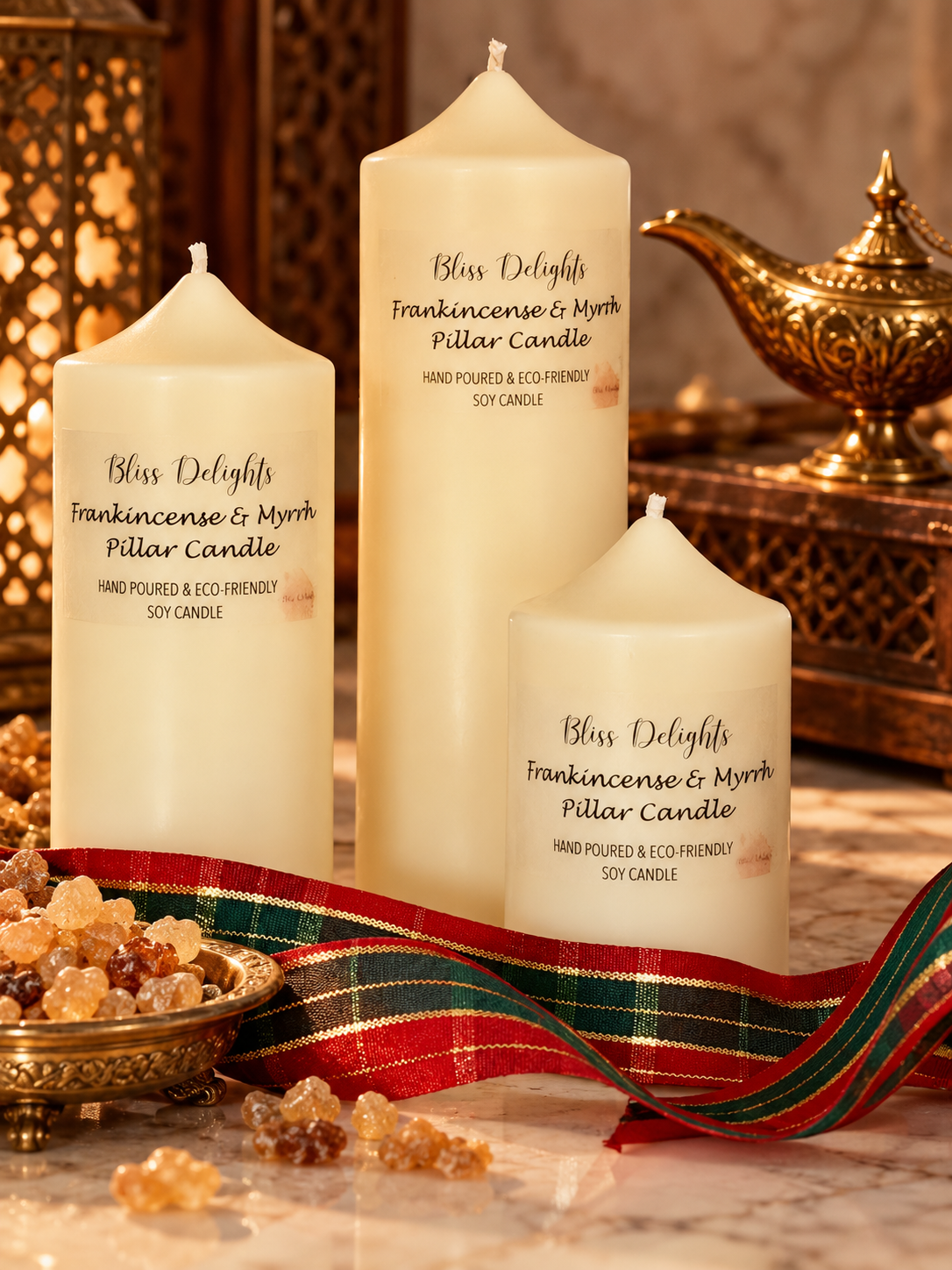 Three Bliss Delights Frankincense & Myrrh soy pillar candles in varying sizes, styled with a decorative golden genie-style lamp, a brass bowl of golden frankincense resin, darker myrrh resin pieces and red and green tartan ribbon on a marble surface, with warm golden lighting and an elegant, festive ambience.