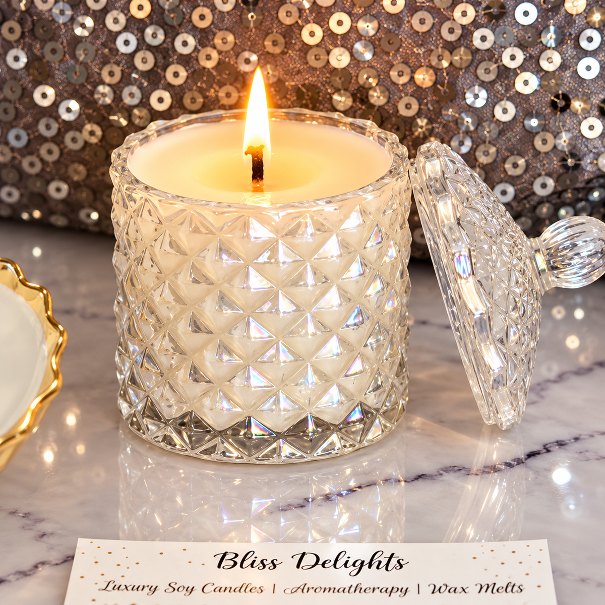 Bliss Delights pearlescent diamond soy candle burning in a faceted glass jar, with the matching glass lid beside it on a marble surface.