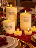 Bliss Delights Natural Soy Pillar Candles - Set of 3. Three soy tealights in glass holders on table decorated for Christmas.