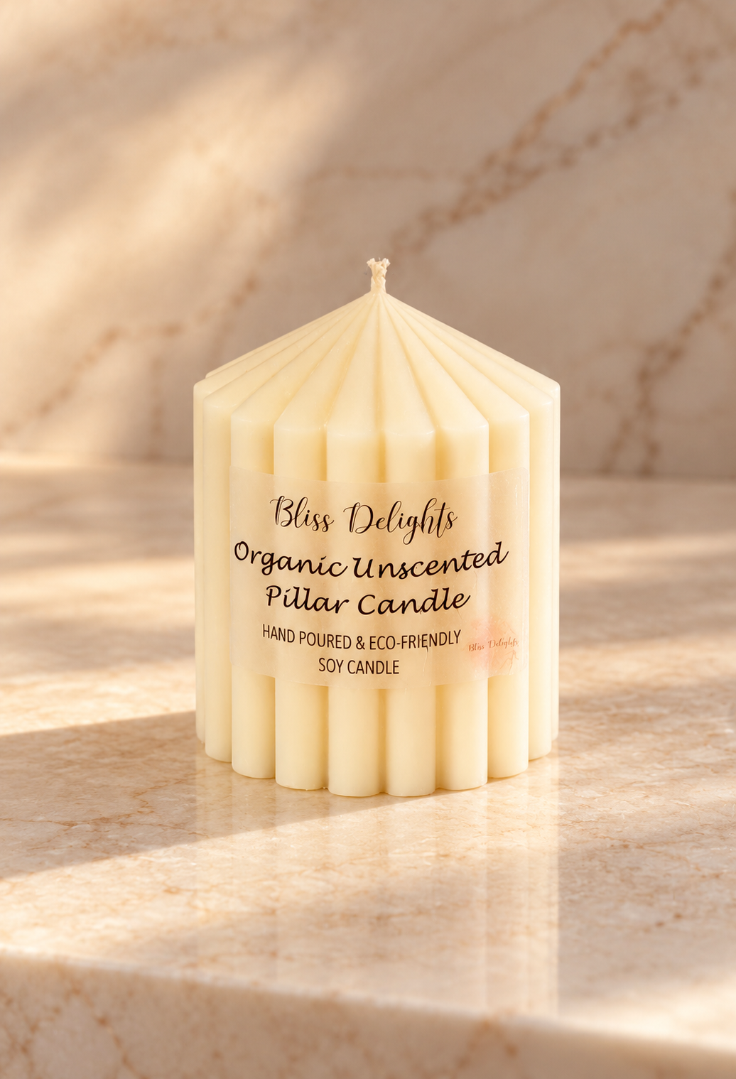 Bliss Delights Small Organic Soy Pillar Candle.