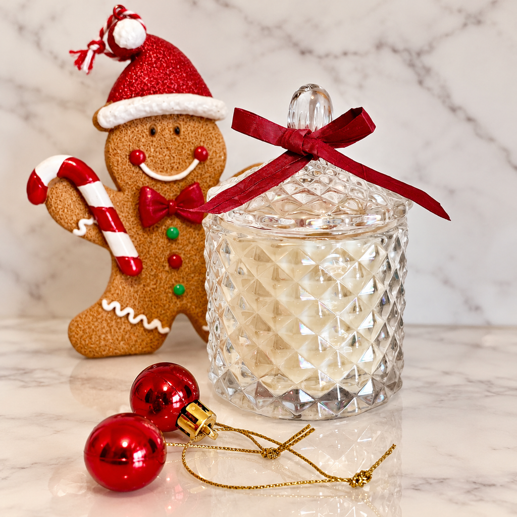 Bliss Delights pearlescent diamond soy candle in a faceted glass jar with a red ribbon, styled with Christmas baubles and a gingerbread decoration.