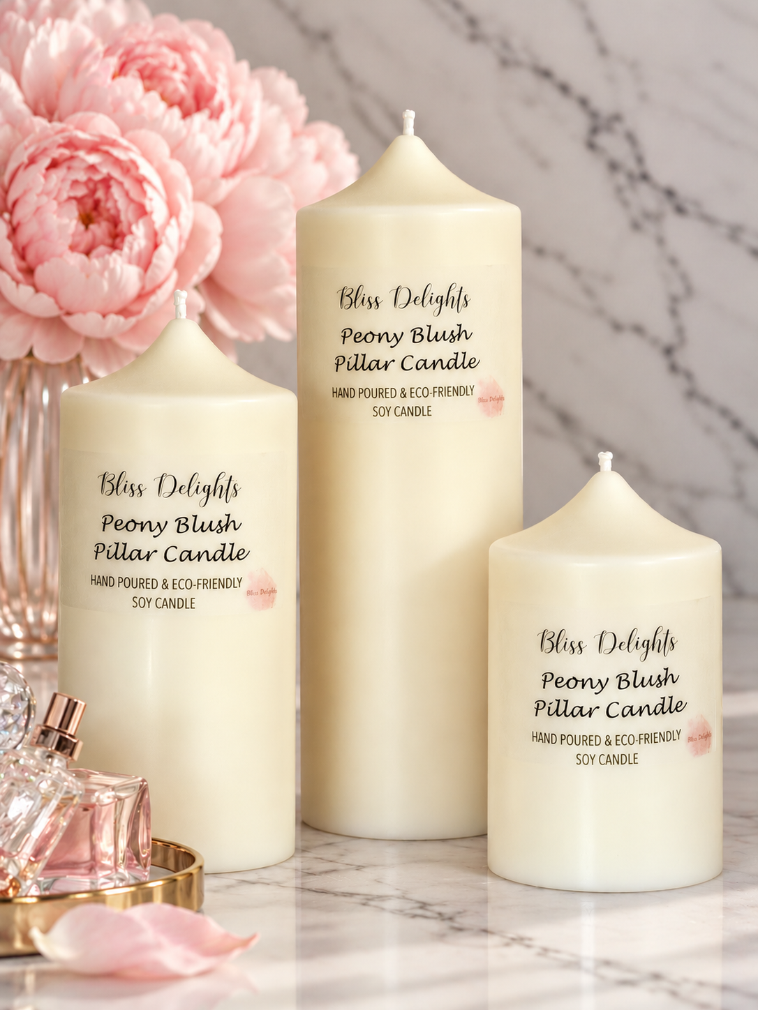 Bliss Delights Peony Blush Soy Pillar Candles Set of 3