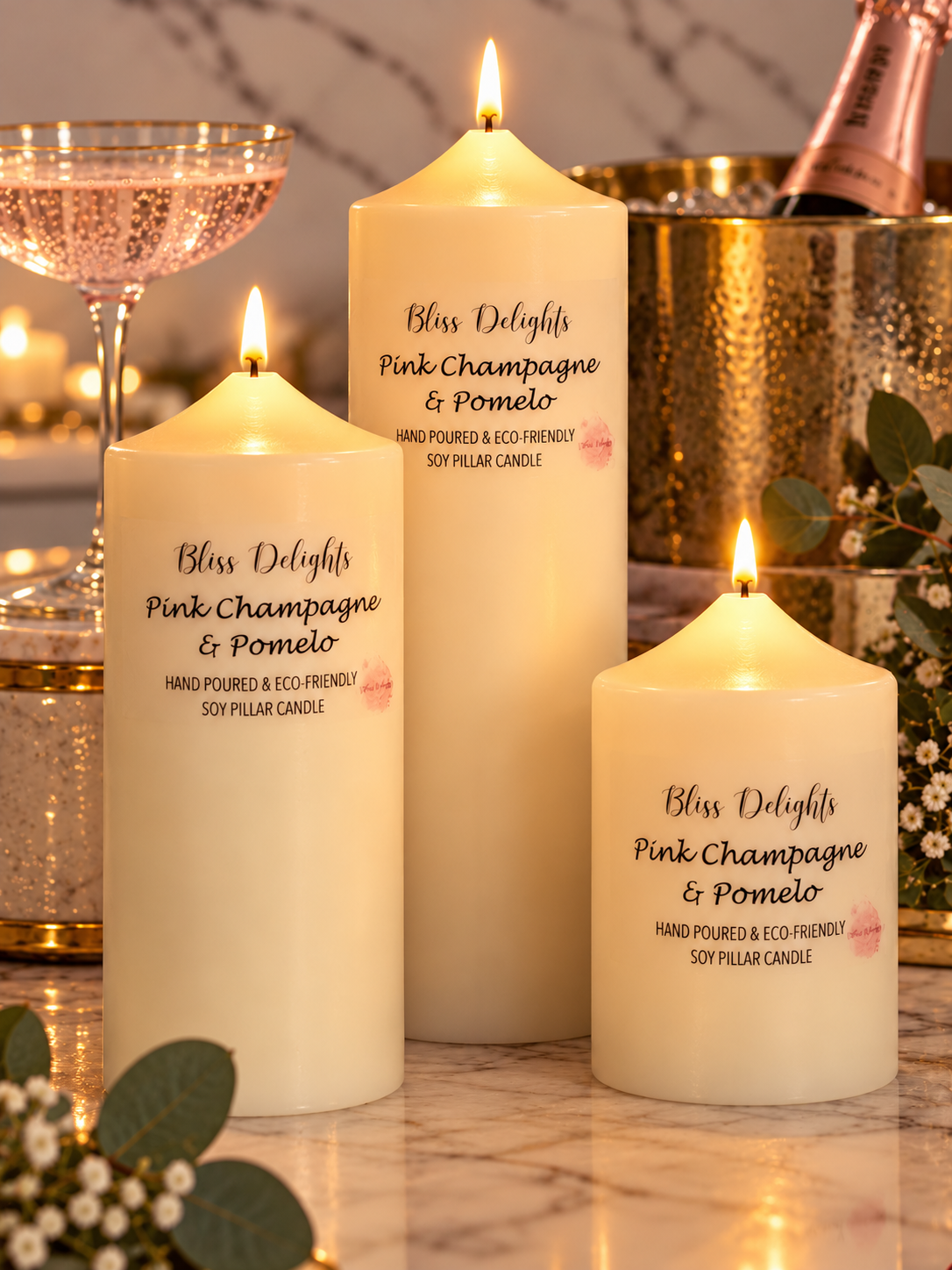 Bliss Delights Set of 3 Pink Champagne & Pomelo Soy Pillar Candles. Ice bucket and pink champagne bottle in the background and glass of pink champagne in cocktail glass.