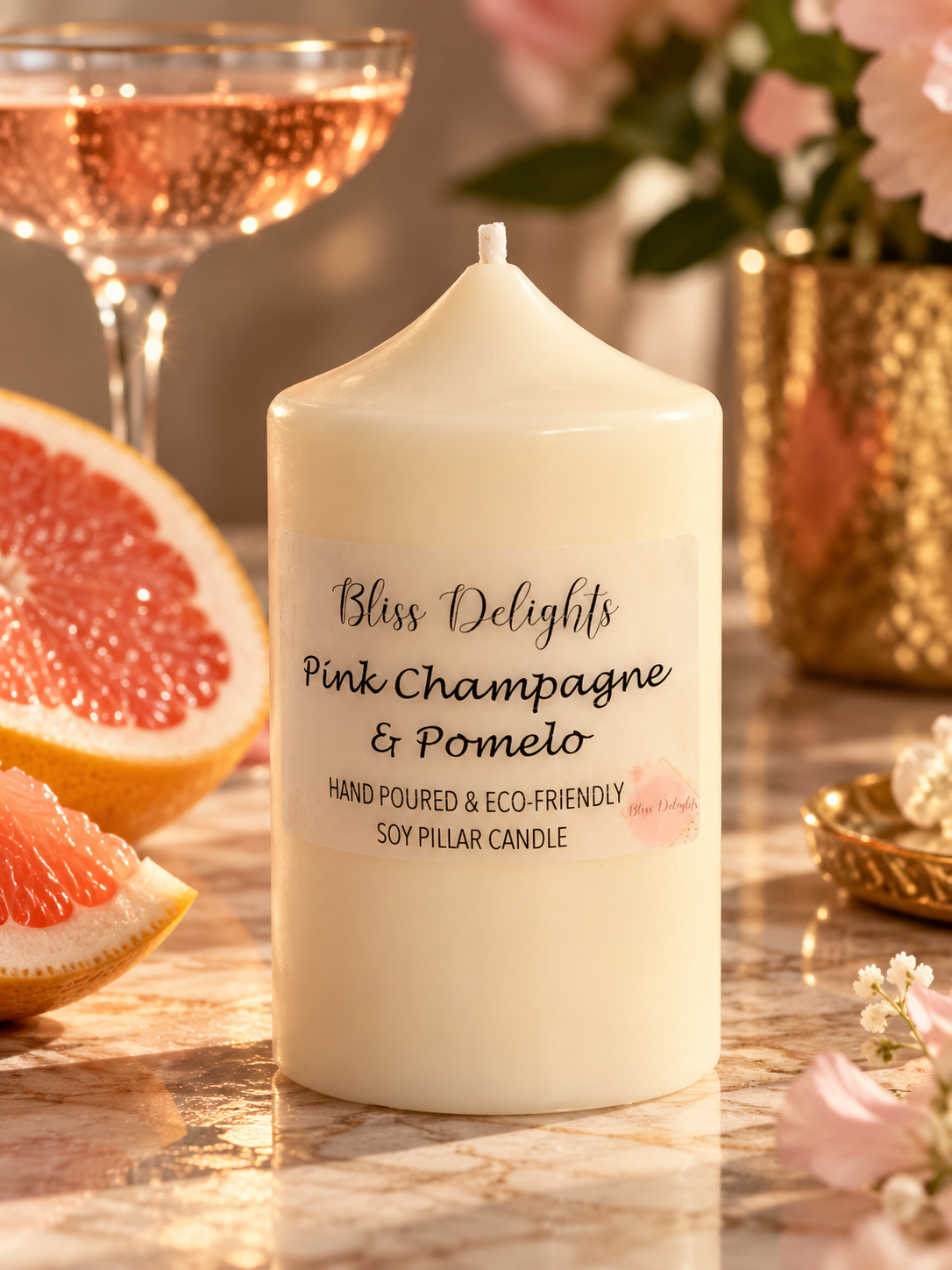 Bliss Delights Pink Champagne and Pomelo Soy Pillar Candle - Small