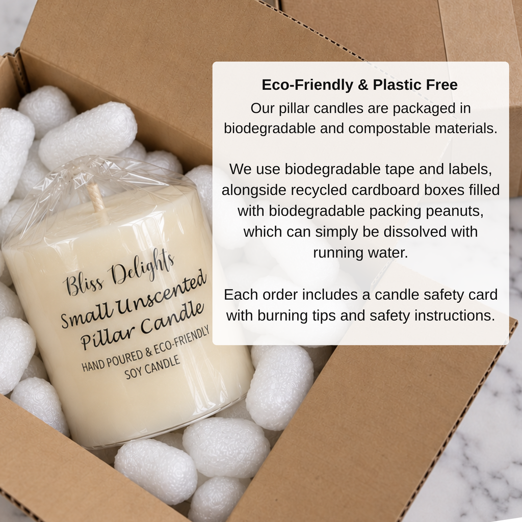 Bliss Delights Natural Soy Pillar Candle Packaging in Plastic Free Packaging