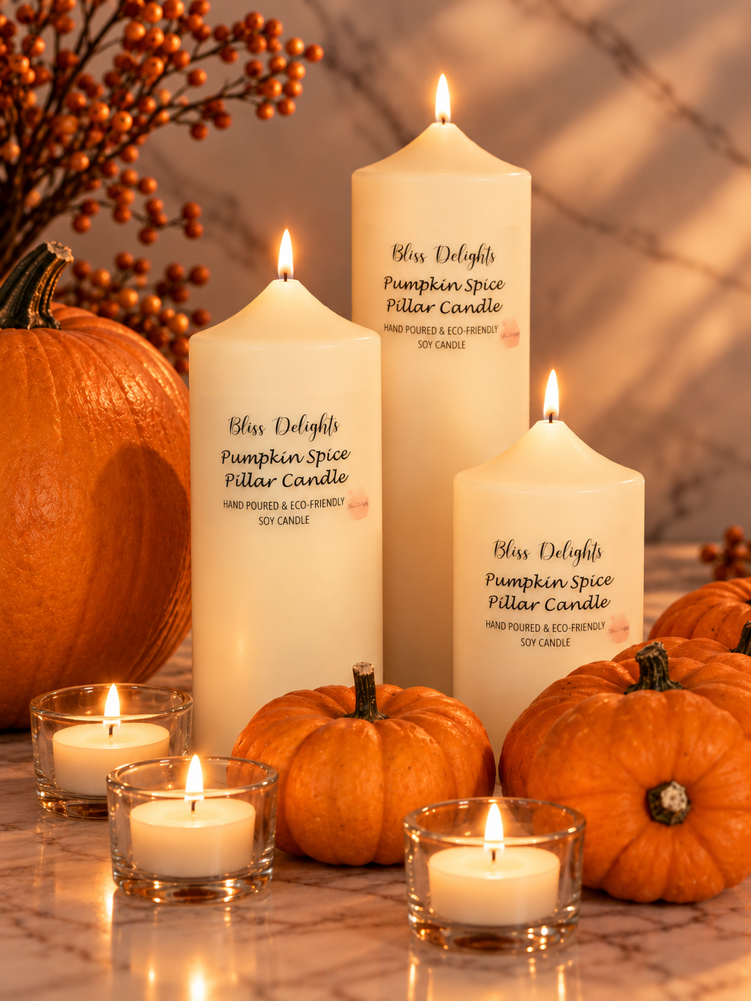 Bliss Delights Set of 3 Pumpkin Spice Soy Pillar Candles with three lit tealights in glass holders and pumpkins.