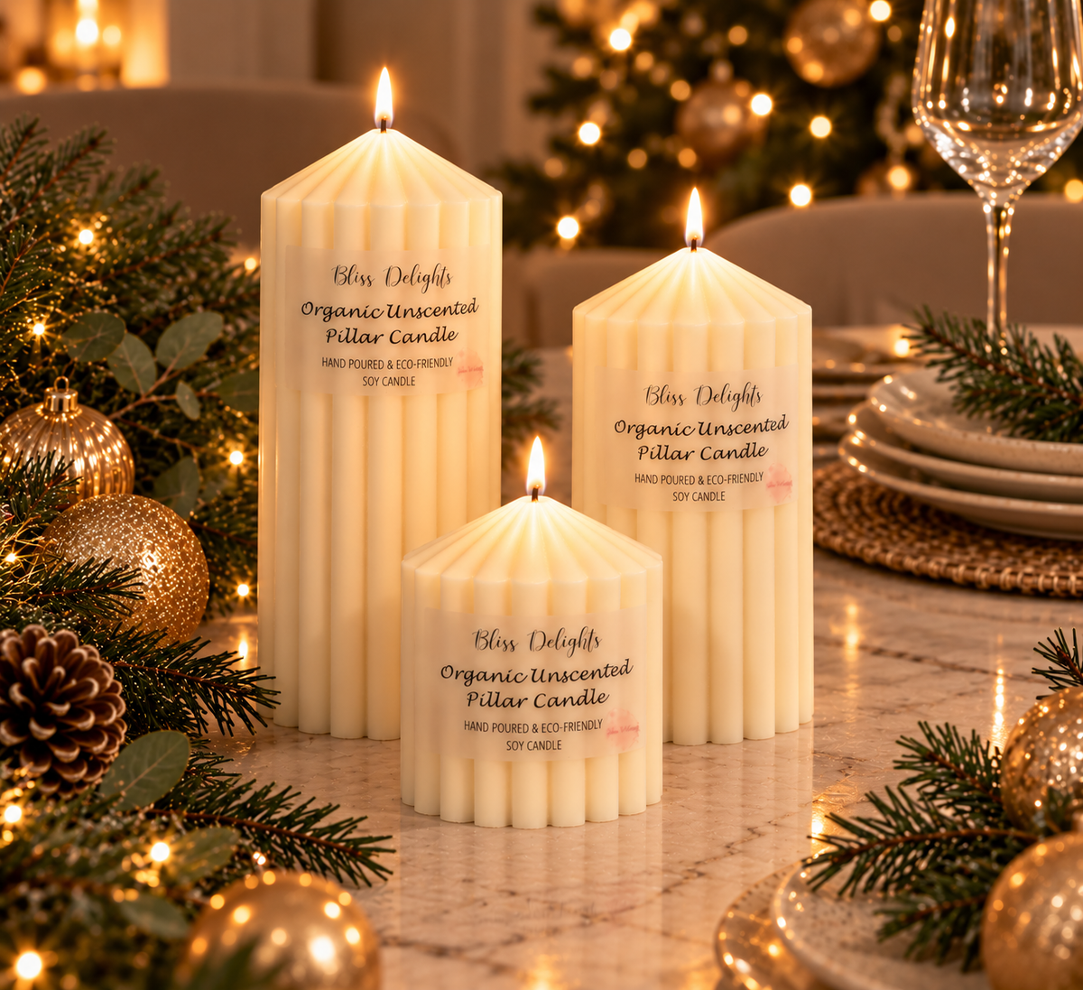Three Bliss Delights Organic Unscented Soy Pillar Candles, in three different sizes, arranged on a beige marble surface in a sophisticated overhead Christmas flat lay.