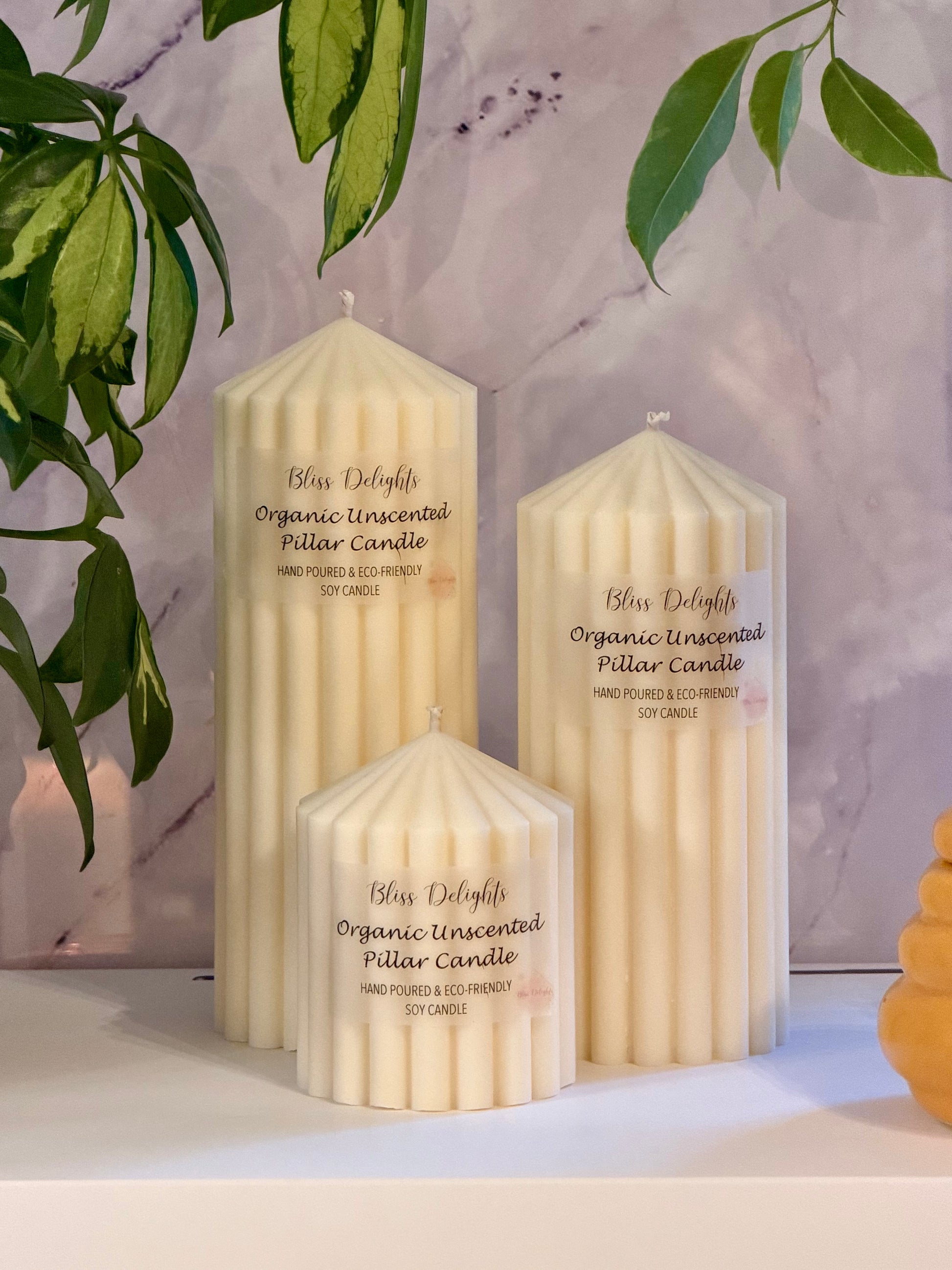 Set of 3 Organic Unscented Soy Pillar Candles