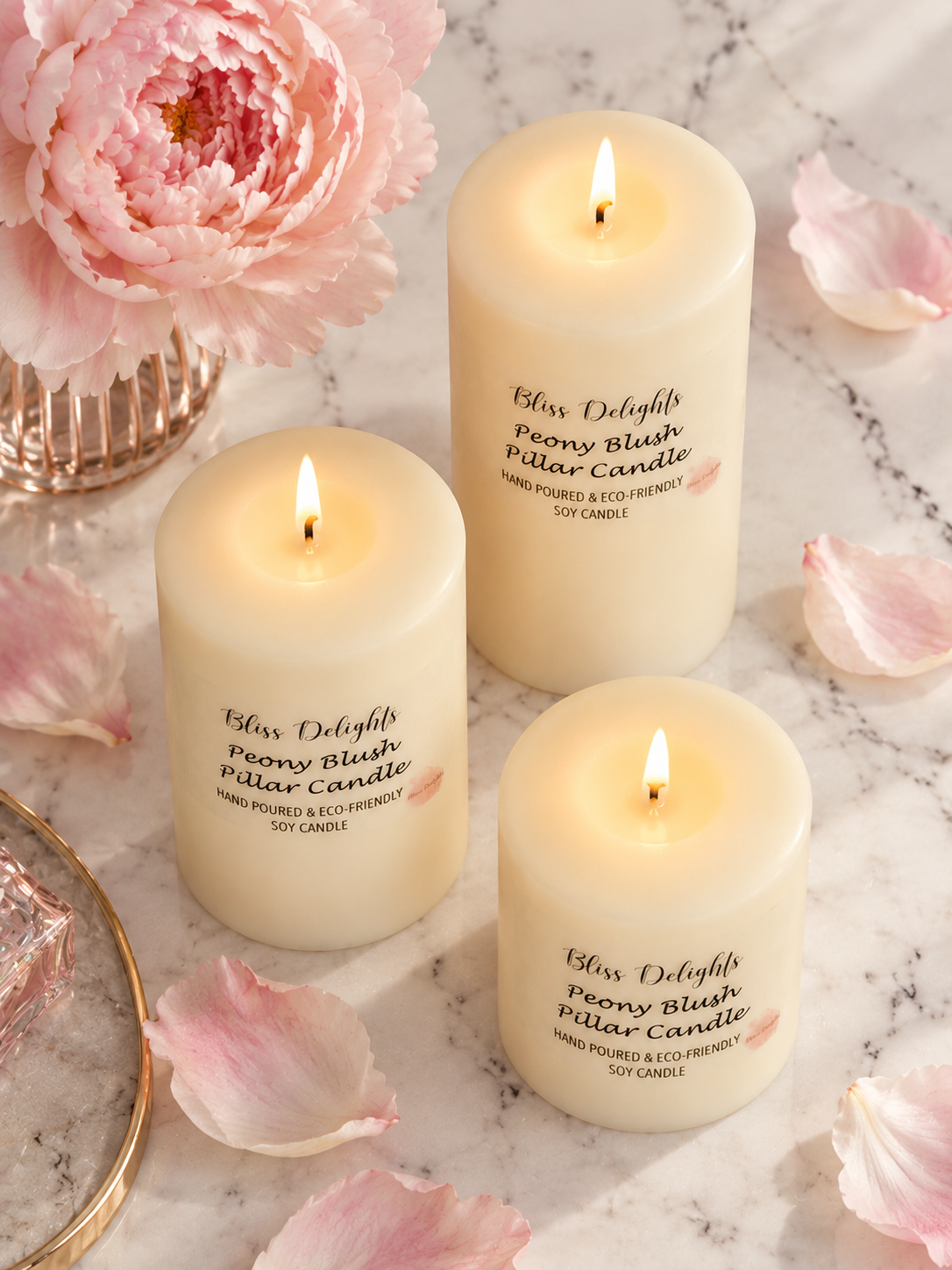 Bliss Delights Set of 3 Peony Blush Soy Pillar Candles, lit and arranged on a marble tabletop with scattered pink peony petals and a vase of peony flowers in the background.