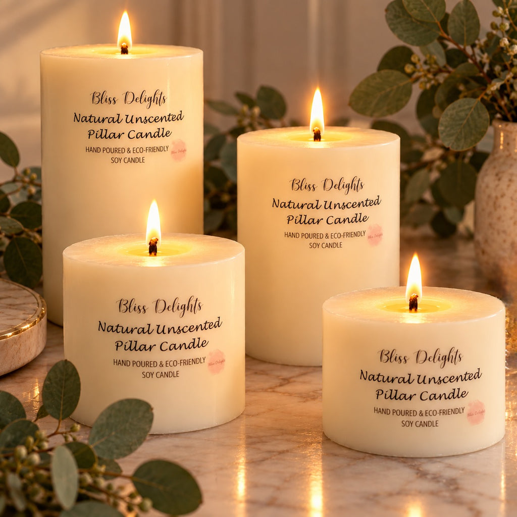 Bliss Delights Set of 4 Natural Soy Pillar Candles - XL, L, M and S