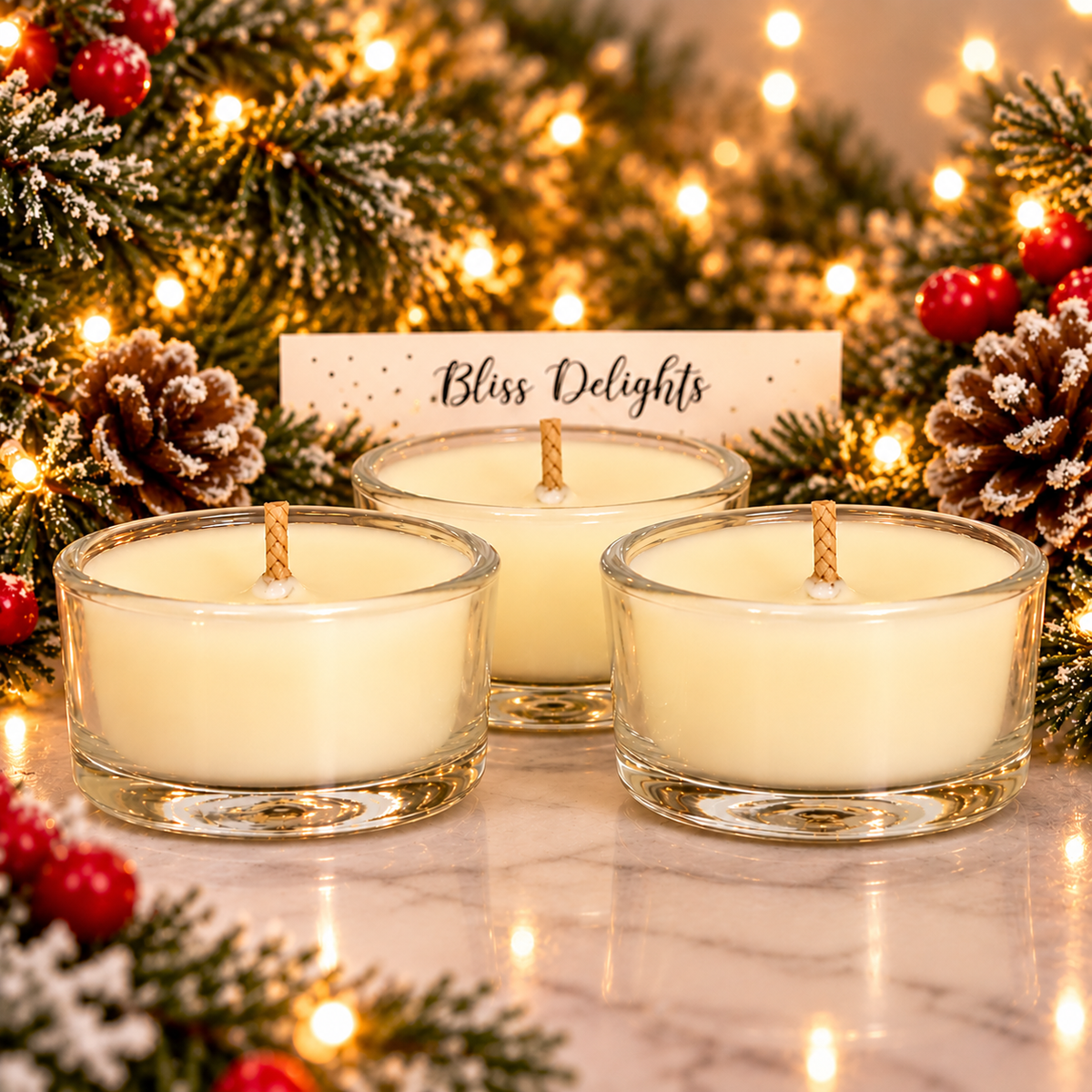 Three unscented ivory soy tealight candles in clear glass holders arranged in a triangle, with a Bliss Delights logo card behind them, surrounded by festive Christmas greenery, red baubles, frosted pinecones and warm fairy lights.